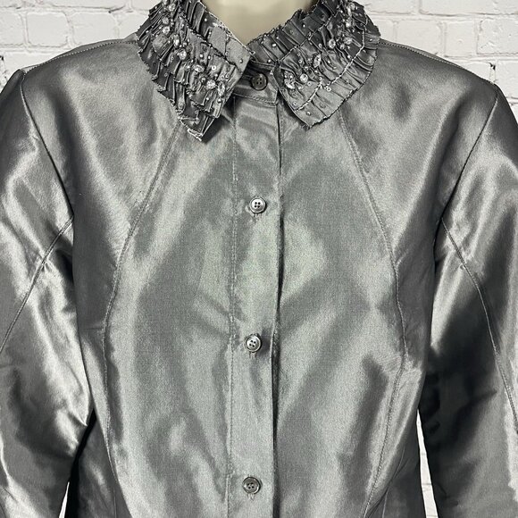 Lafayette 148 Grey Metallic 100% Silk Button Embellished Collar Shirt 8 *tear - Picture 9 of 11